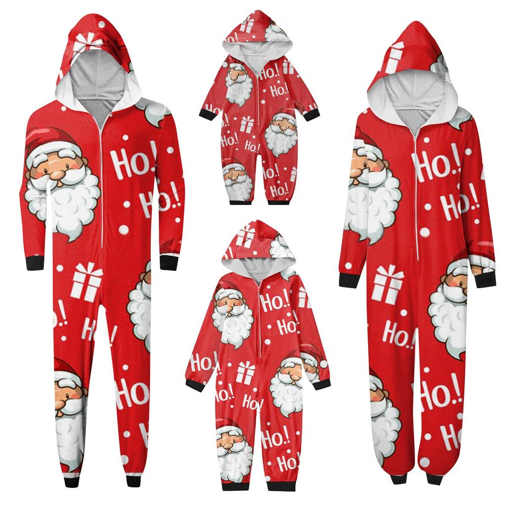 Christmas Print Family Matching Hooded Long Sleeved Zippered Jumpsuit Set