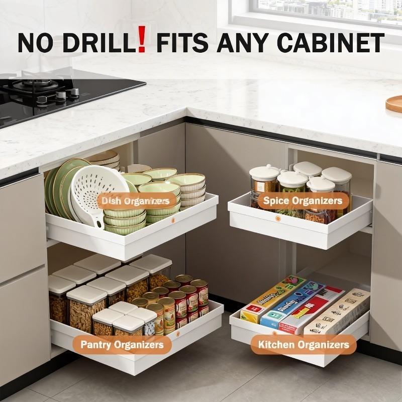 No-Drill Slide-Out Organizer, Heavy Duty Cabinet Storage Tray, Space-Saving Under Sink Organizer for Kitchen, Easy Install