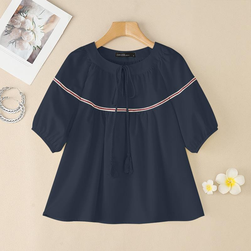 ZANZEA Women Casual Round Neck Loose Summer Half Sleeve Blouse