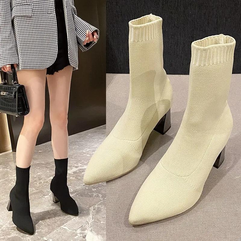 Fashion 2025 New Autumn Winter Thick High-heeled All-match Thin and Thin Boots Women's Pointed Toe Mid-tube Elastic Socks Boots Women