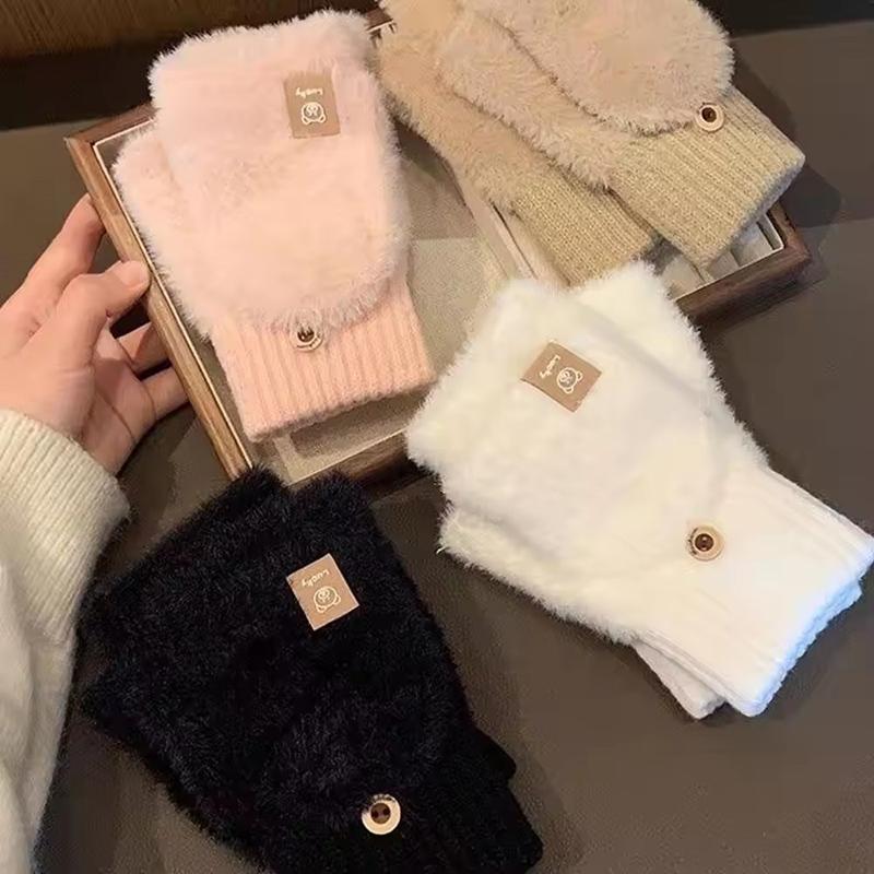 Korean Knitted Flip Up Dual Purpose Gloves for Women Cute Bear Skin Friendly Soft Warm Warm Gloves Office Writing Student Gloves