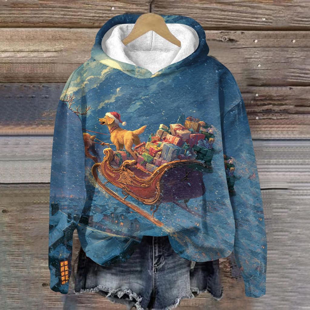 Women's Fashion Long Sleeve Christmas Print Loose Hooded Sweatshirt Top