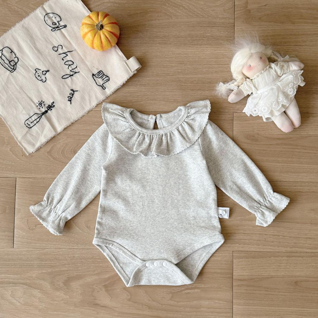 Renren 2025 Spring/Autumn New Arrival Baby Girls' Cotton Ruffled Collar Pullover Closure Base Romper Korean Style Long Sleeve