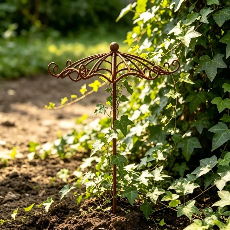 Umbrella Top Climbing Support Trellised for Potted Foliage, Metal Stake with Brown Finish for Balcony Displays, Outdoor Rows, and Small Outdoor