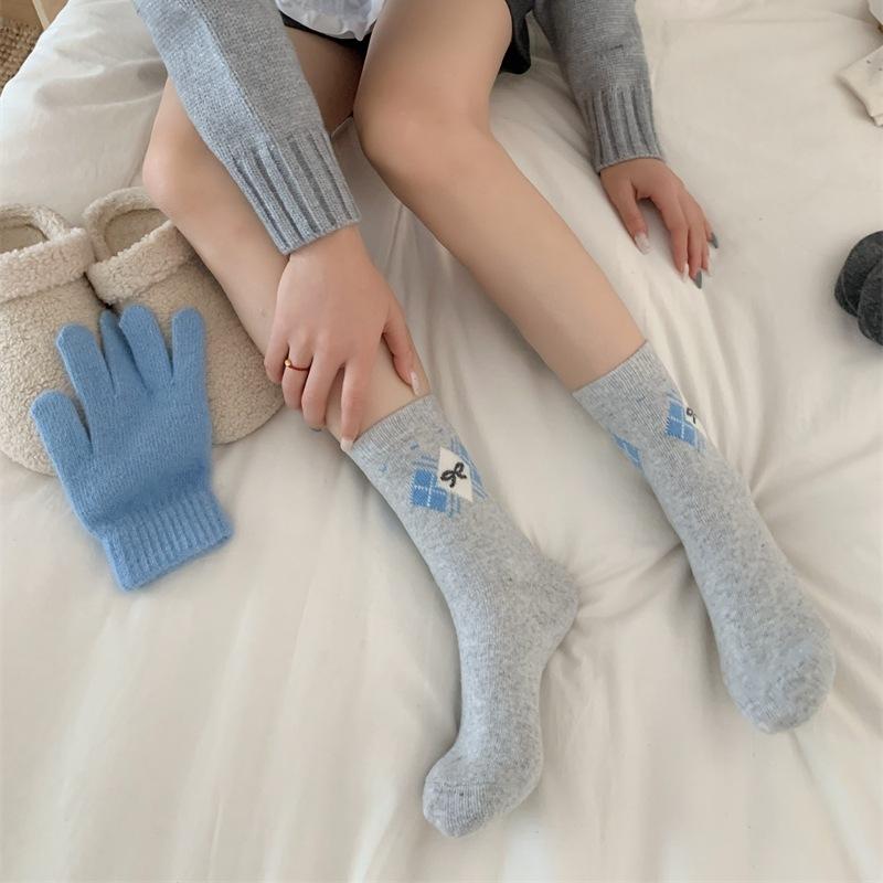 Rhombus Plaid Bow Wool Socks Children'S Wind Thickened Warm Retro Stacking Socks