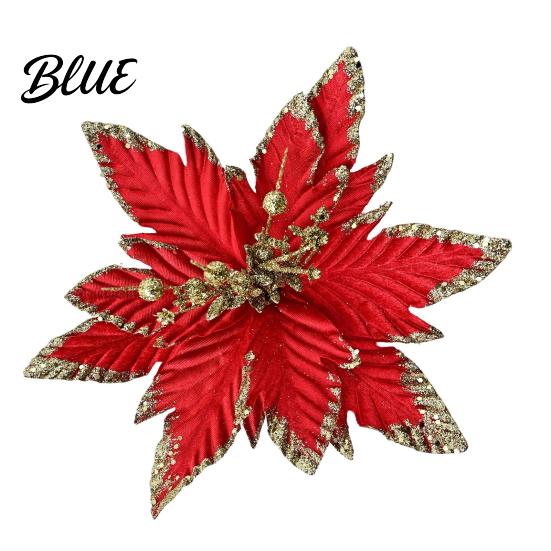 Decorative Christmas Flower Picks Artificial Flowers Handmade Bead Cluster Poinsettia Velvet with Gold