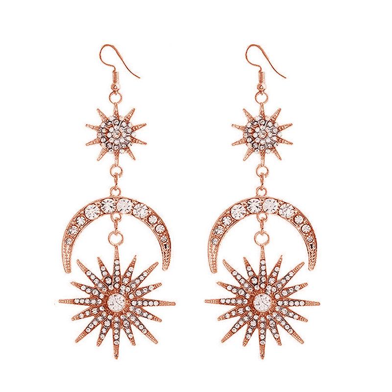 Baroque Sun & Moon Earrings Set with Halo Headband, Double-Layer Star Design & Sparkling Long Earrings