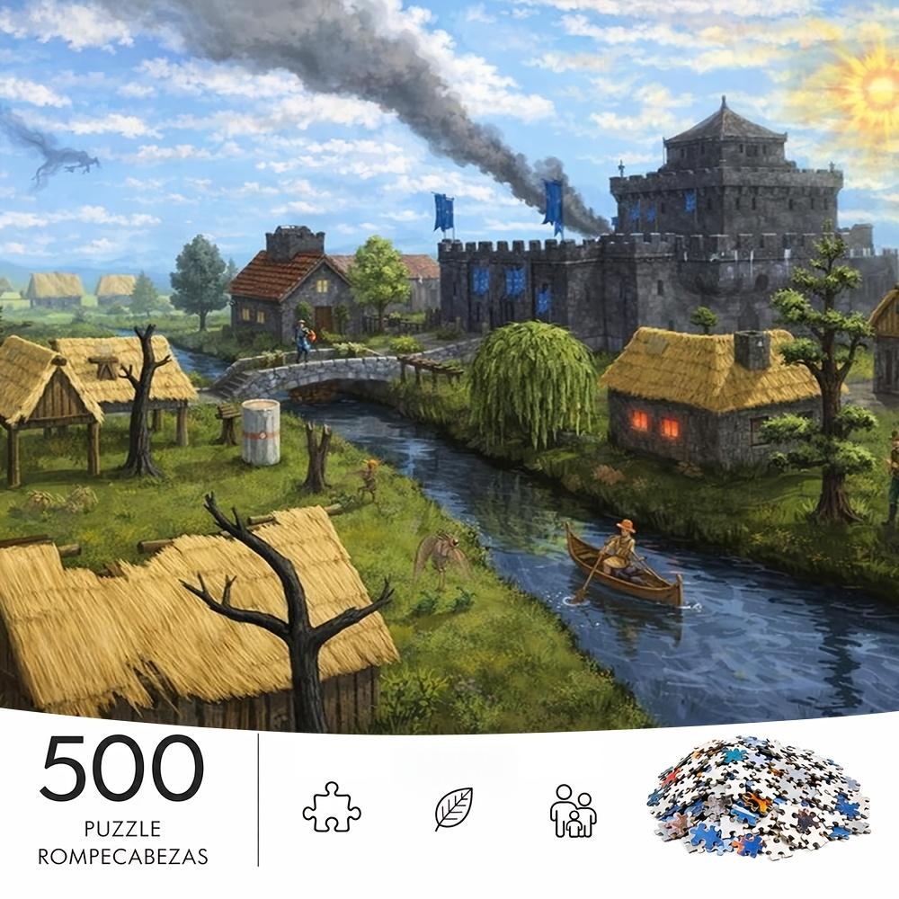500pcs Jigsaw Puzzle Suitable for & Families - Challenging Advanced Brain with Morning Riverside Fortress Castle Scene, Portable Rectangular Box for D