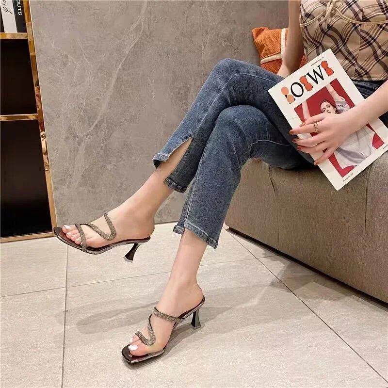 Fashion New Diamond-women Shoes Luxury Design Slippers for Women Simple Style Gunmetal Thin Heels Ladies Shoes Office Luxury Shoes Mujer