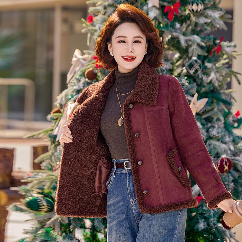 Petite Women's Lambswool Jacket for Mid-Aged & Elderly: Autumn/Winter Leather & Fur, Thick Plain Top