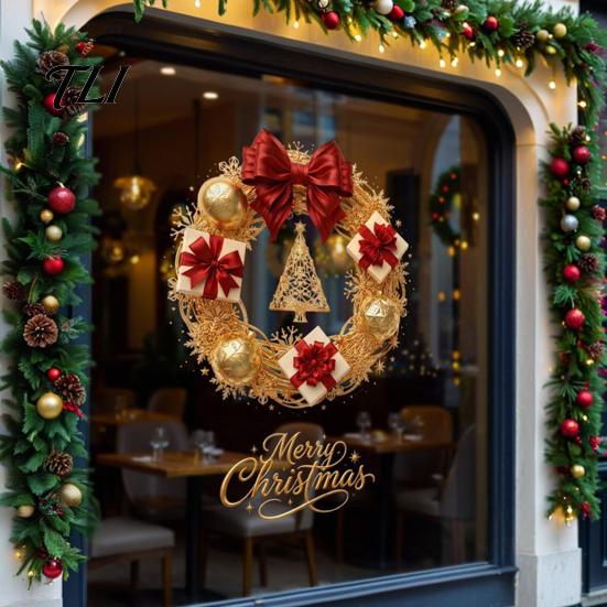 Seasonal Storefront Display Christmas Wreath Static Window Sticker, Decorative Decals for Glass Doors And Windows, Reusable Stickers Removable
