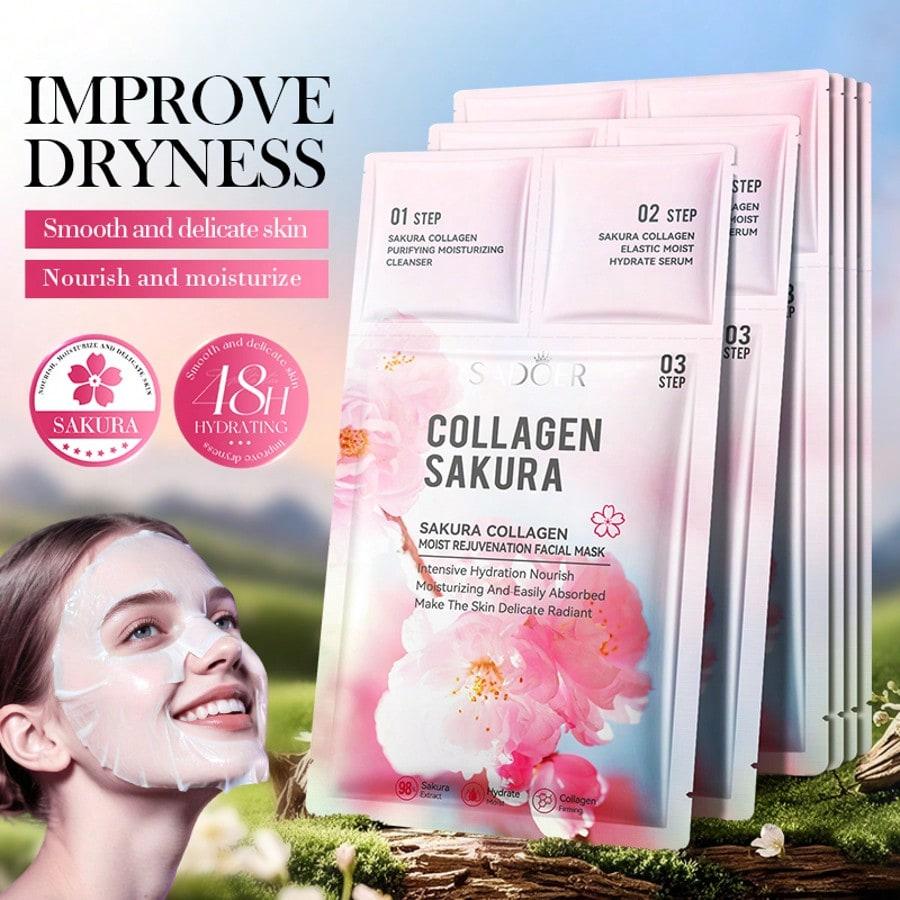1/3/5/10/20pcs 3-In-1 Face Mask, 3D Contoured Fit Mask, Sakura Collagen Face Mask, Cleanser + Essenc