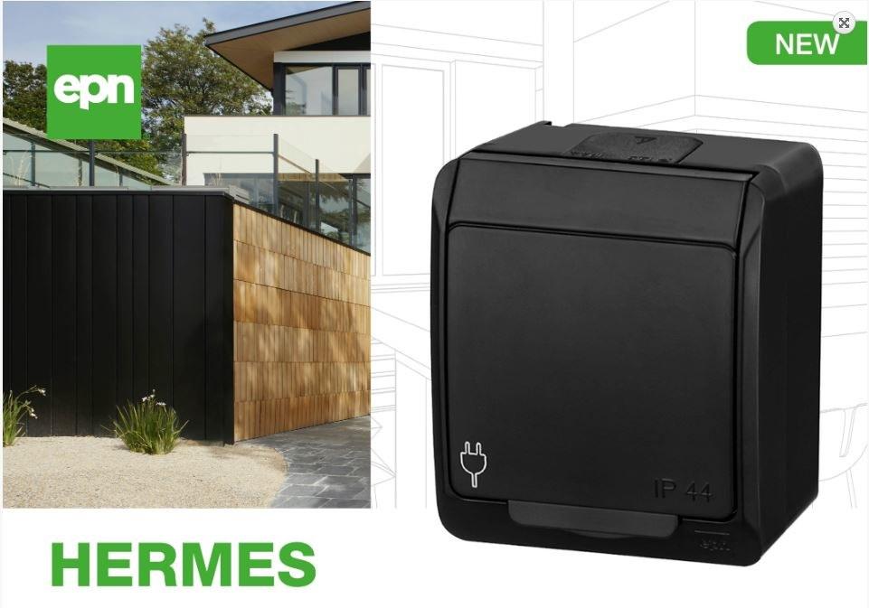 Single Socket, Surface-mounted, IP44, Black, HERMES