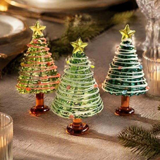 Seasonal Home Festive Ornament Glazed Christmas Tree Figurine, Colorful Miniature Xmas Decor, Handcrafted Exquisite Gift for Colleagues Glass