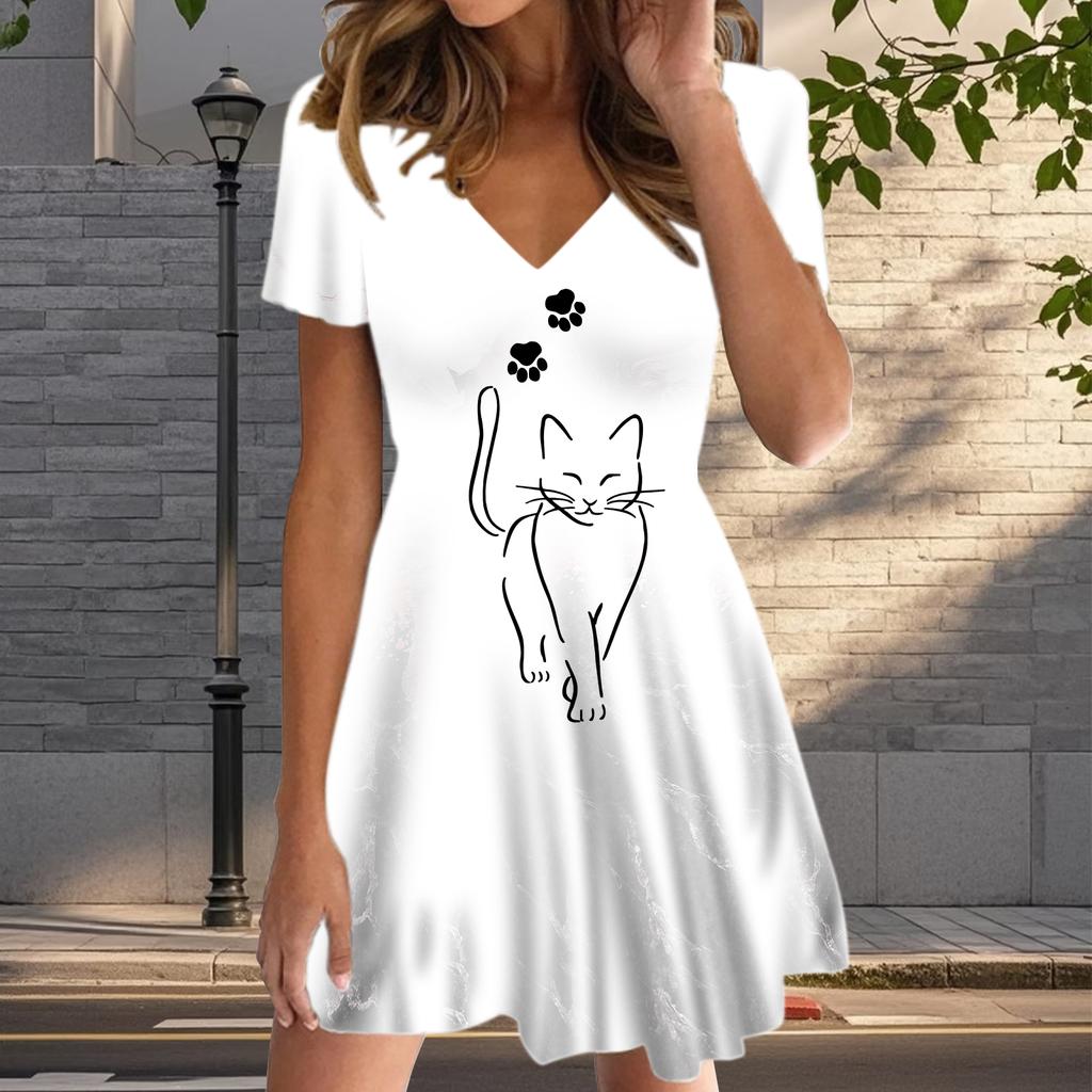 Letnia Moda Damska Sukienka z Dekoltem V i Krótkim Rękawem z Nadrukiem Szkiców Kotów Seksowna Krótka Spódniczka Sukienki