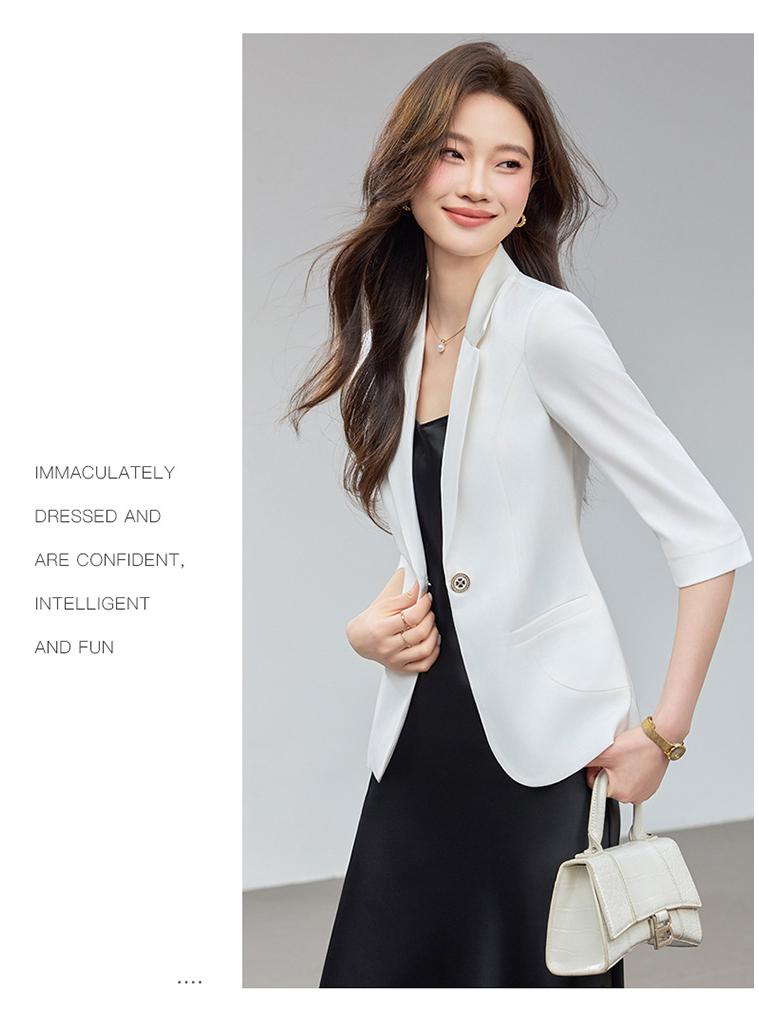 White Women's Casual Slim-Fit Blazer with Mid-Sleeves