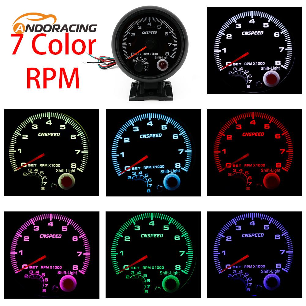 12V Tachometer Gauge 3.75'' Car Universal Black Tachometer Gauge 7color Inter Shift Light 0-8000 RPM Fit 4 6 8 Cylinder