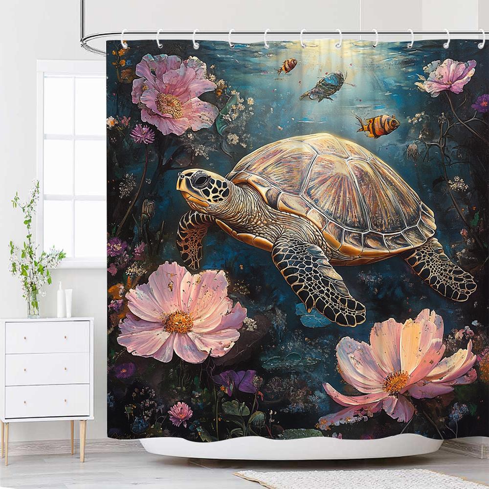 1pc Sea Turtle & Floral Shower Curtain - Realistic Ocean Design, Pink & Purple Flowers, Coral Reef, Polyester,12 Hooks,Easy Care W90XH180cm