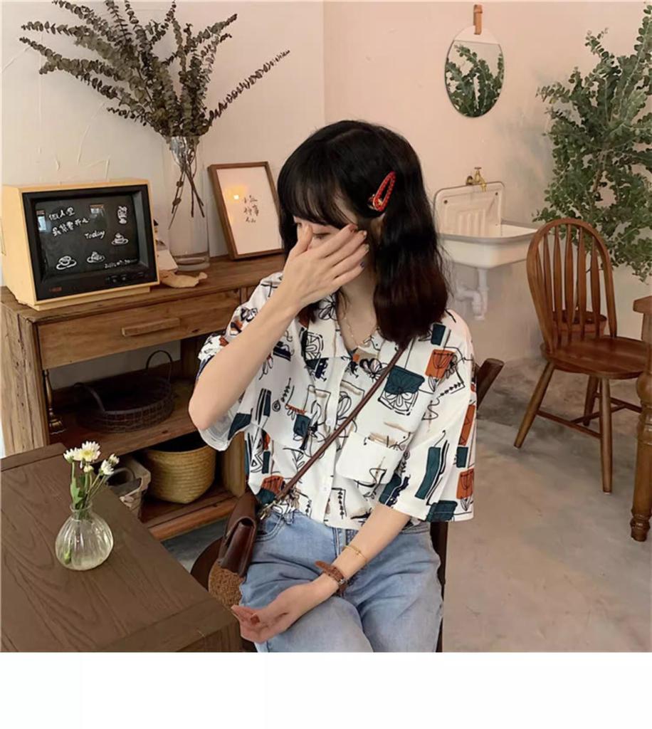 Damen Retro Hong Kong Stil Kurzarm Lockere Bedruckte Bluse