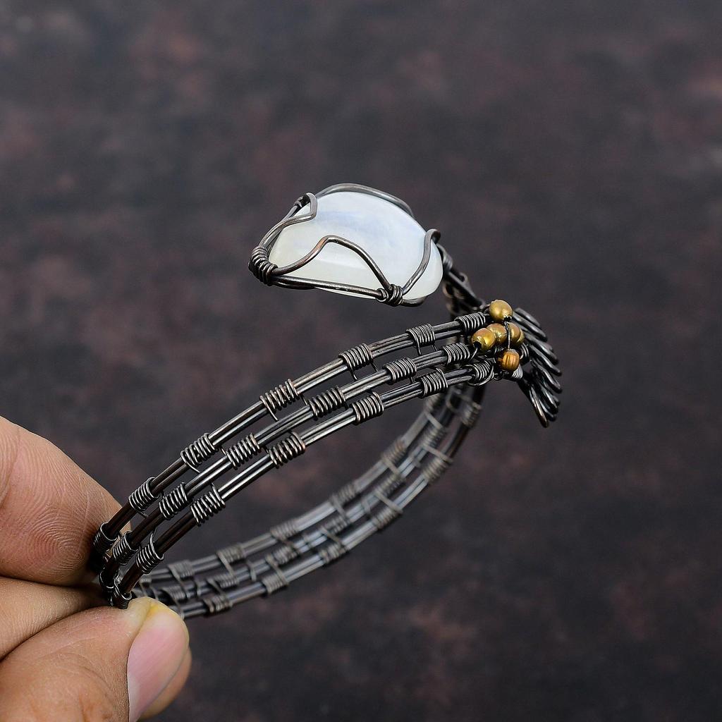 Brățară Manșetă Piatră de Lună Curcubeu Înfășurată cu Sârmă de Cupru Brățară Banglă Făcută Manual Ajustabilă Bijuterii Înfășurate cu Sârmă de Cupru Brățară cu Piatră Prețioasă Pentru Cadouri