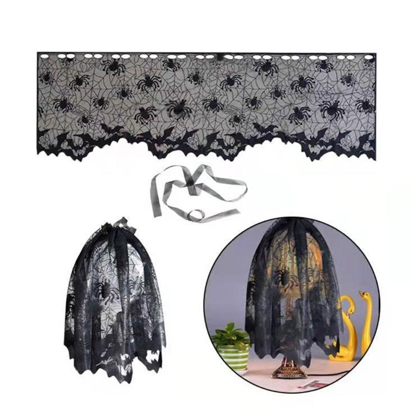 Cobweb Lace Table Runner and Rectangular Mantel Scarf Cover for Holiday Party Decoration, Black Spiderweb Mantel Scarf
