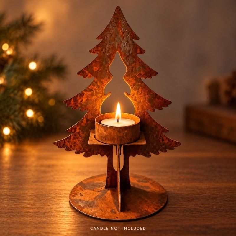 Christmas Candle Holders with Metal Tree Outline and Round Base, Aged Brown Seasonal Accent for Dining Tables, Entryway Displays, and Shelves