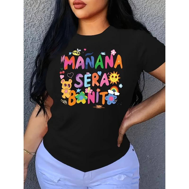 European Size European Size Carnaval Cartoon & Letter Casual T-Shirt, Crew Neck Short Sleeves Slight Stretch Sports Tee, Women's Activewear