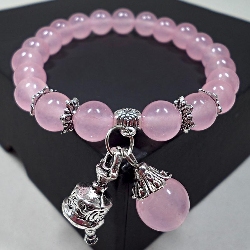 Amethyst Chalcedony Bracelet with Vajra Bell Pendant - Handmade Beaded Jewelry for Women