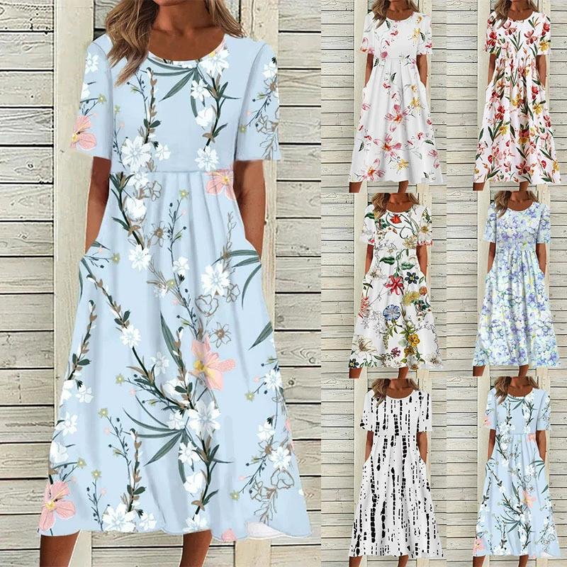 Women's Summer Maxi Dress O-Neck Short Sleeve Long Dress Casual Printed Swing Beach Dress