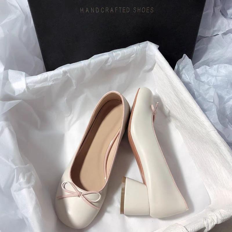 Fairy gentle light mouth medium heel women's fashion shoes new color matching bow single shoes women's thick heel ladyshoes