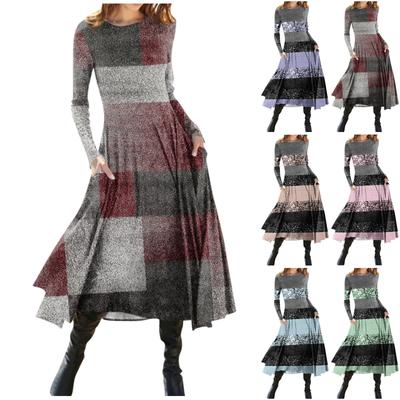 Women's Fashion Casual Printed Round Neck Pullover Slim Fitting Long Sleeve Dress