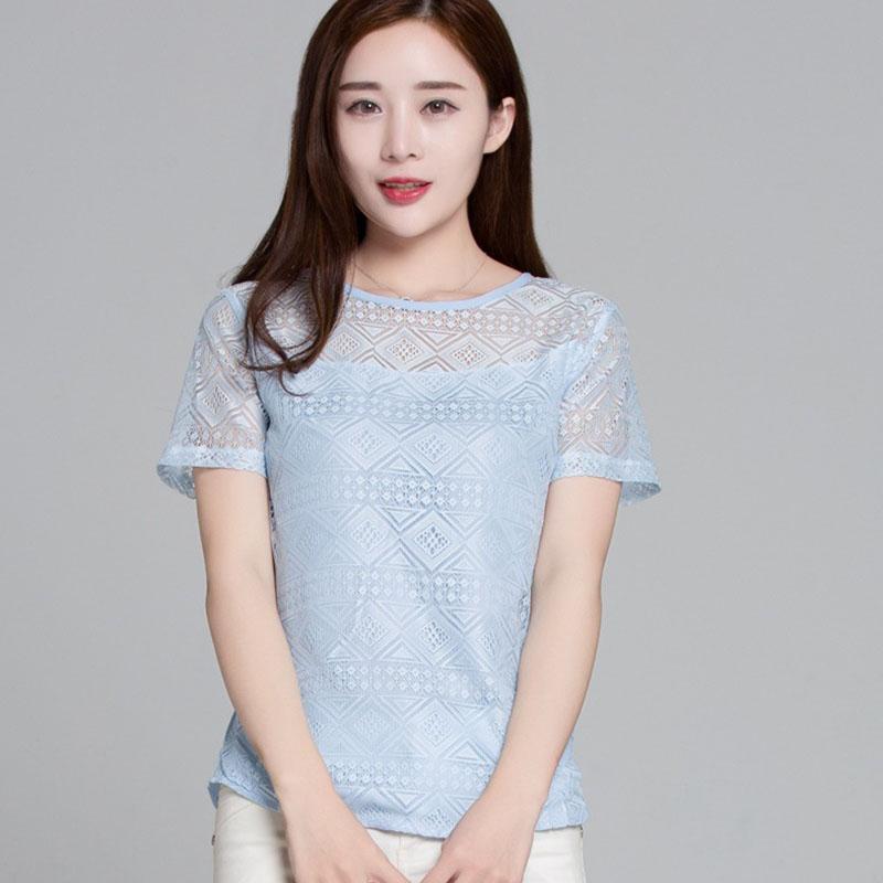 Summer Women Lace T-Shirt Lady Short-Sleeve Round-Neck T-Shirt Female Sexy Slim Fit Tee Girl Chiffon Shirt Pullover