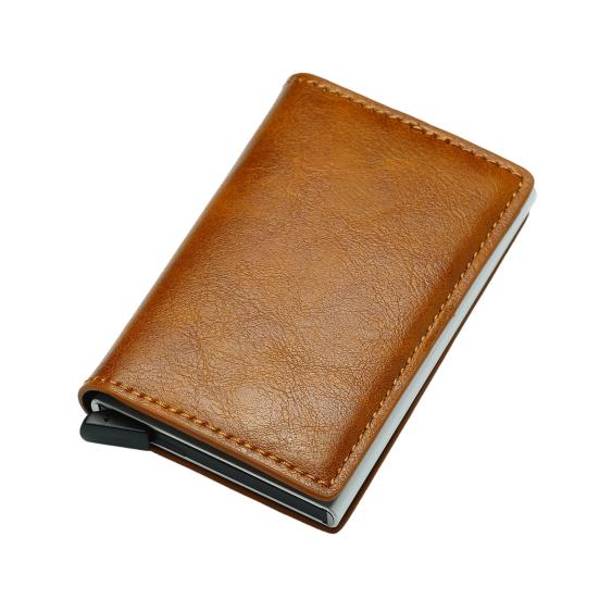 Pánská peněženka z umělé kůže s RFID blokováním, trojdílná, se štíhlým výsuvným držákem na karty, kovové hliníkové pouzdro na karty