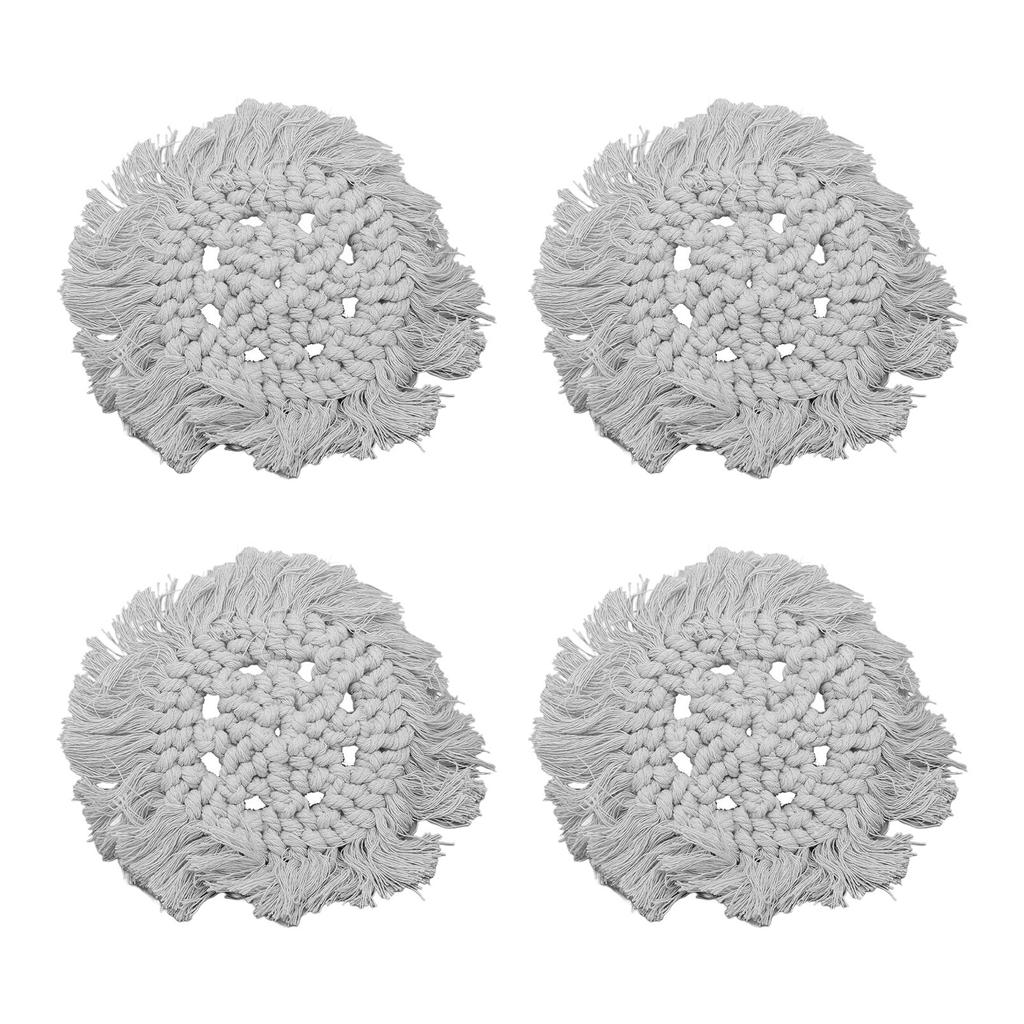 4pcs Cotton Thread Woven Drink Coasters with Tassel Round Pure Color Elegant Lipstick Pot Pads Mats