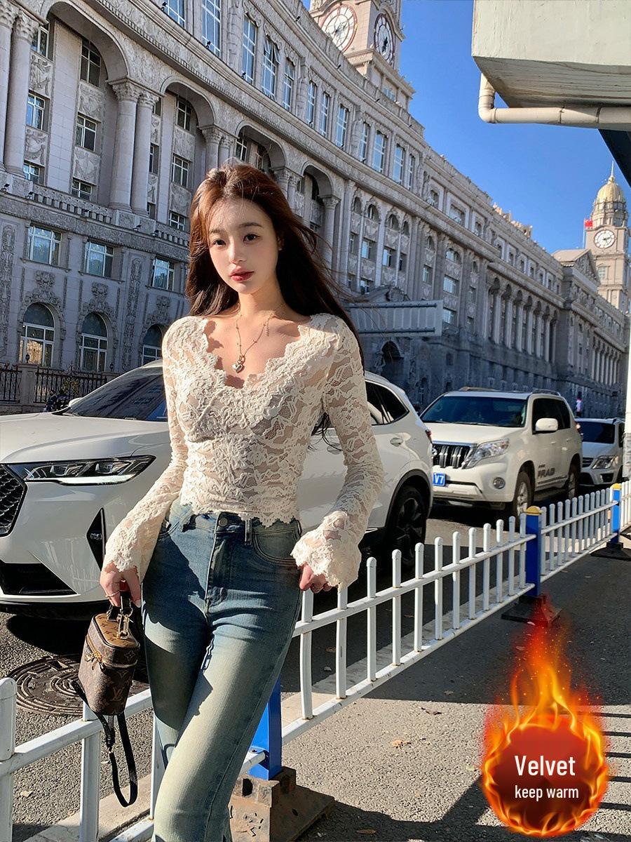 

Chic Brushed Lace-Lined Women s Shirt: Fleece, Thick, Slim Fit, Versatile, Long Sleeve - New Autumn/Winter Arrival XL