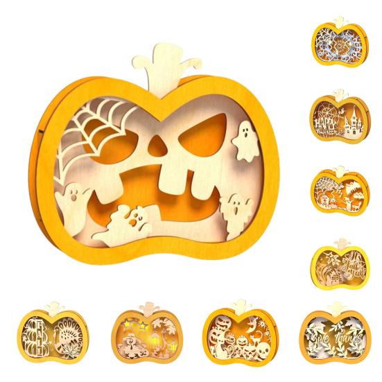 Yousheng Halloween Wooden Lighted Pumpkin for Tabletop, Spooky Pumpkin Lantern Shadow Box for Halloween Party, Dinning, Coffee Table Decoration
