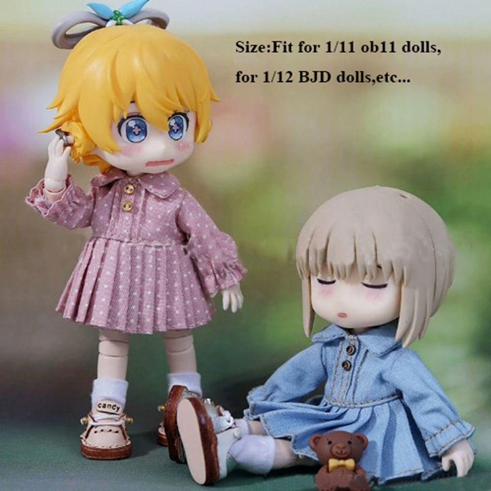 Handmade Doll Pleated Skirt Lapel Collar Jeans Dresses for 1/11 OB11 Dolls for 1/12 BJD Dolls