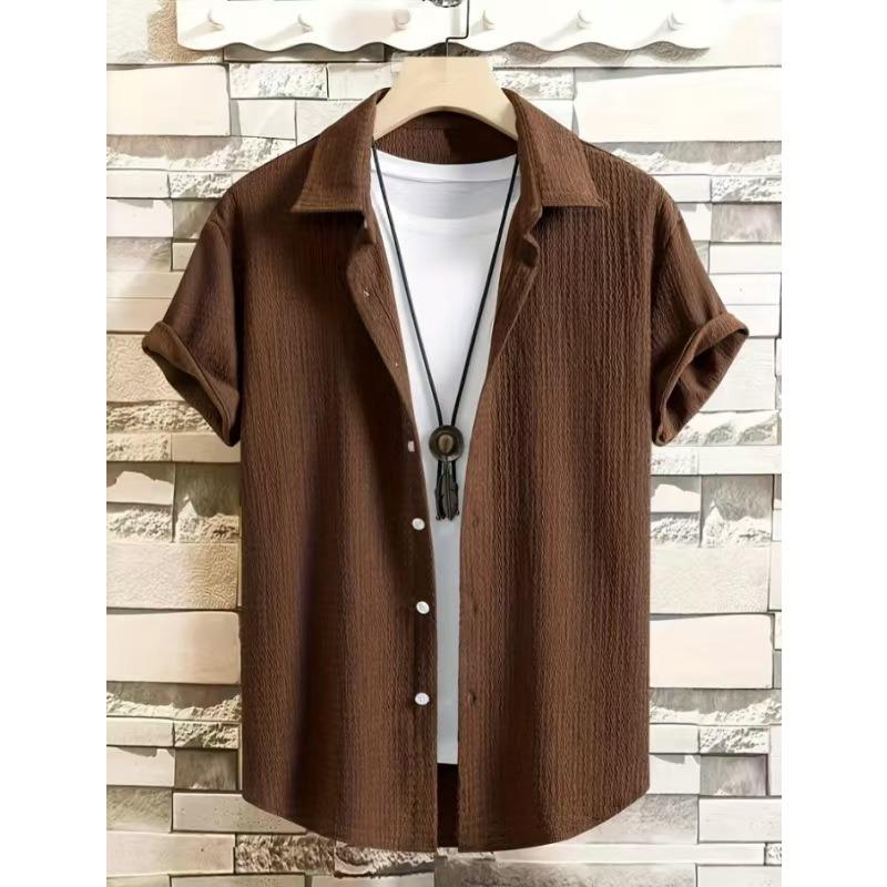 

Men s Short-Sleeve Button-Down Shirt with Textured Fabric & Casual Layered Style 2XL кавовий