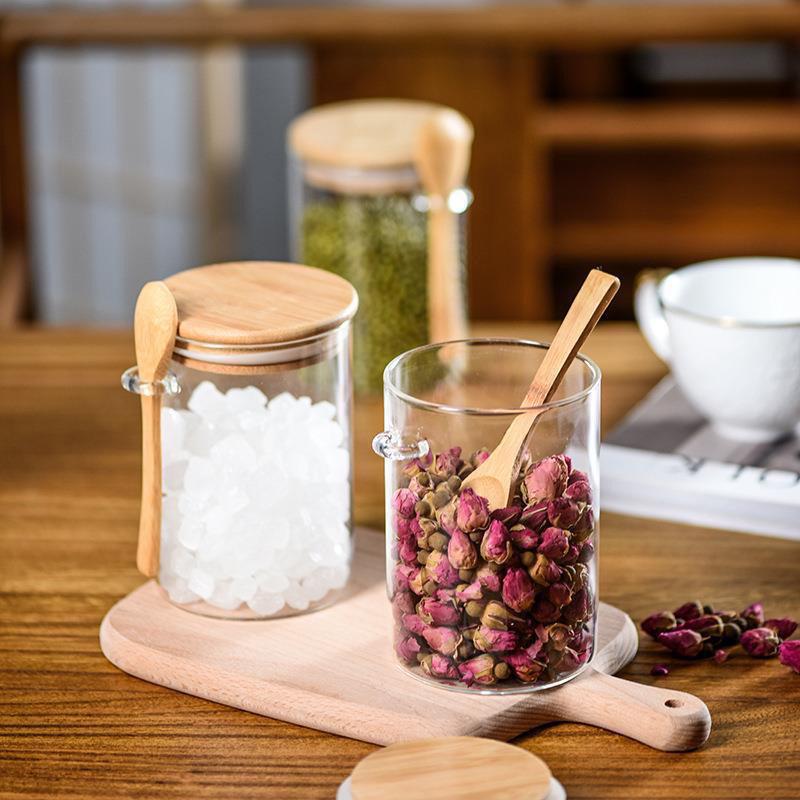 Glass Jar with Spoon: Bamboo Lid Kitchen Storage for Grains and Dried Fruits