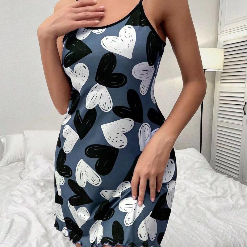 Sexy Heart Print Women's Nightgown Casual Style Spaghetti Strap Slip Dress Breathable Fabric Summer Sleepwear Loungewear Comfy