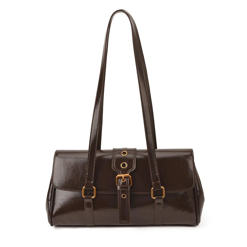 

2026 Cute Retro Leather Baguette Bag For Ladies Brown Glossy Shoulder Purse With Adjustable Buckle Strap Gifts For Women