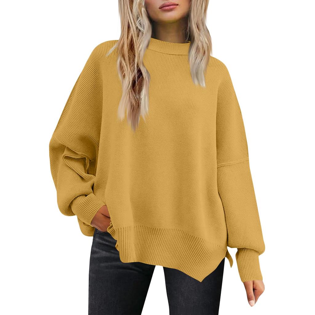 Women's Fashion Round Neck Long Sleeve Sweater Knitted Side Slit Pullover