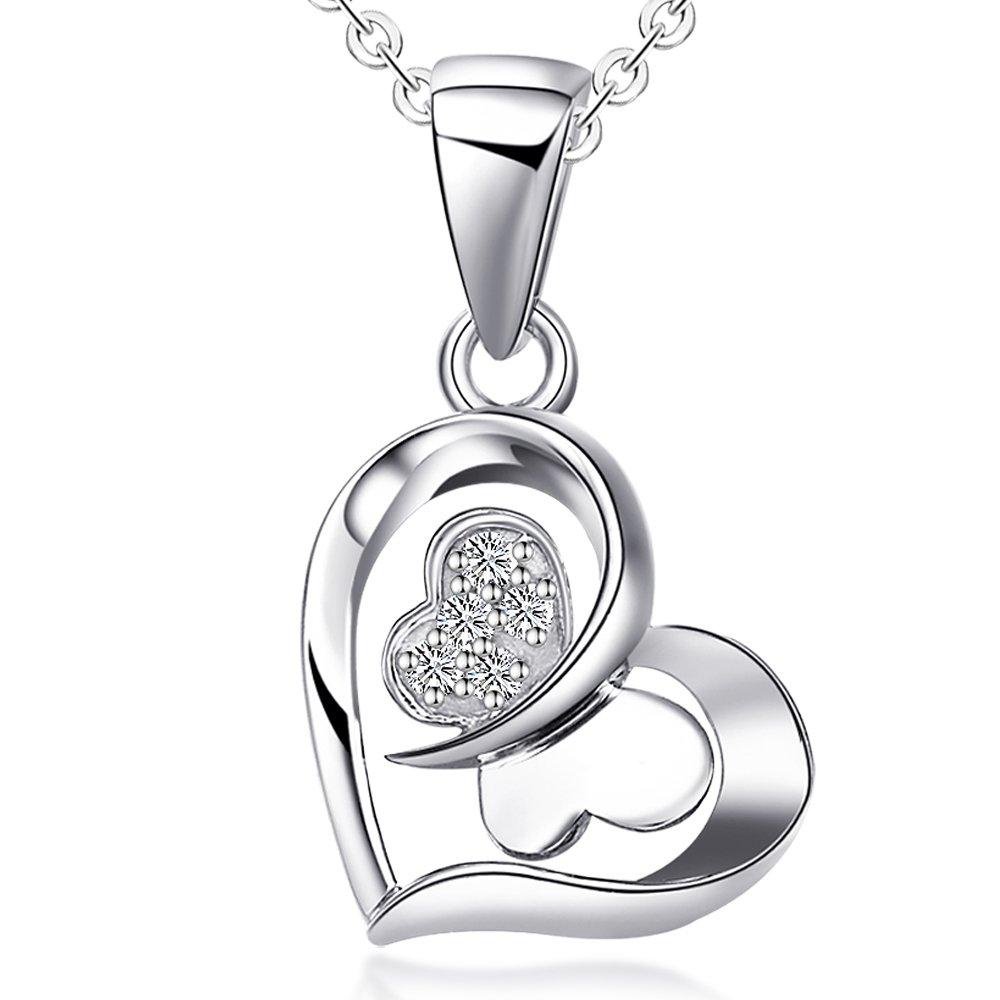 

[Ashley Jewelry] Sterling Silver 925 Necklace, Open Heart Ribbon Butterfly Pendant, Cubic Zirconia, Women s Gift