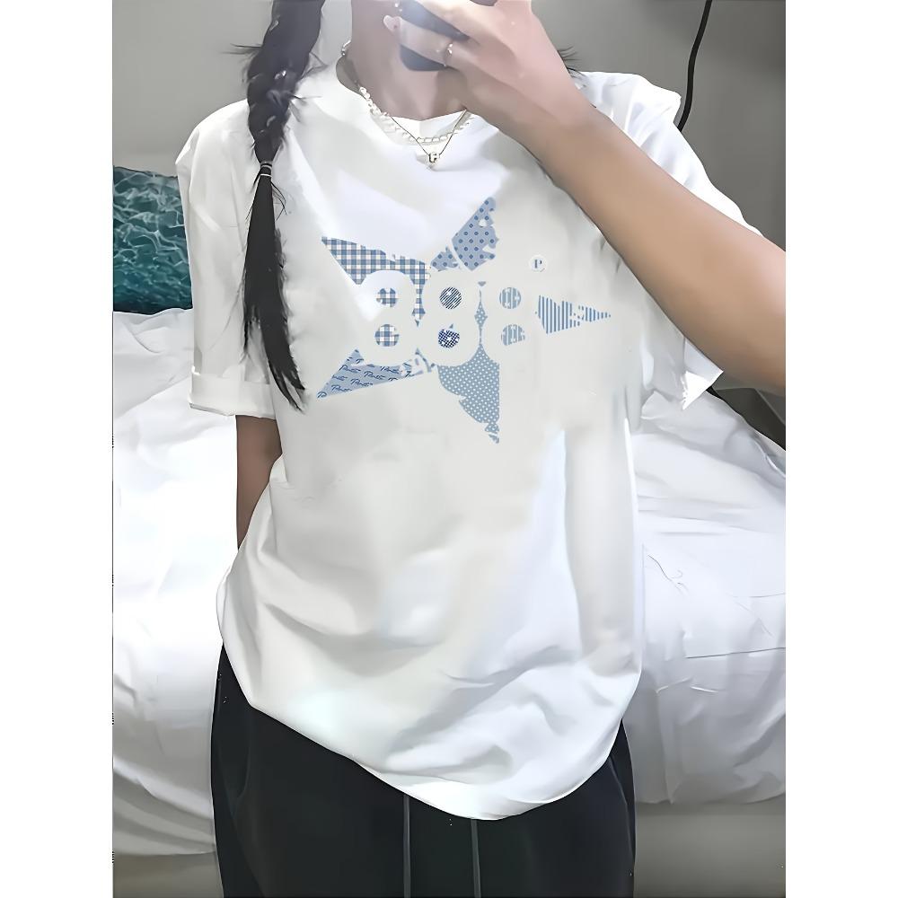 

Short-sleeved T-shirt with Plaid Five-pointed Star Print Summer Top Harajuku Short Sleeve Casual Clothes S