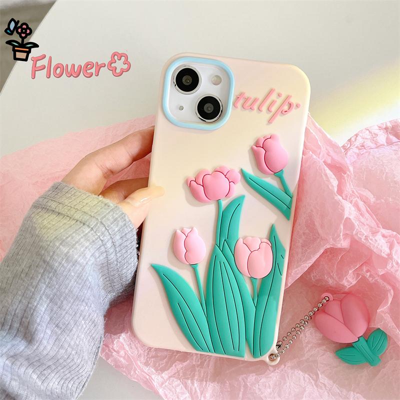 Japan Cute 3d Pink Tulip Flower Pendant Phone Case For Iphone 13 12 11 Pro Xs Max X Xr 7 8 Plus Floral Silicone Soft Back Cover