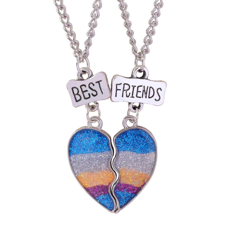 Set di 2 Collane con Ciondolo a Mezzo Cuore Colorato Catena con Perline Fascino Migliori Amici Choker Gioielli BFF Per Bambini Amicizia