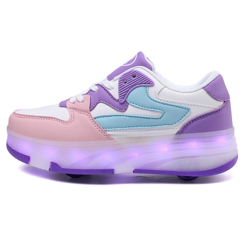 

29-40 Детские светящиеся спортивные туфли, трущиеся туфли, твердые волшебные накладки, зарядка, двухрядные, четырехколесные, светящиеся детские туфли 40 фиолетовый