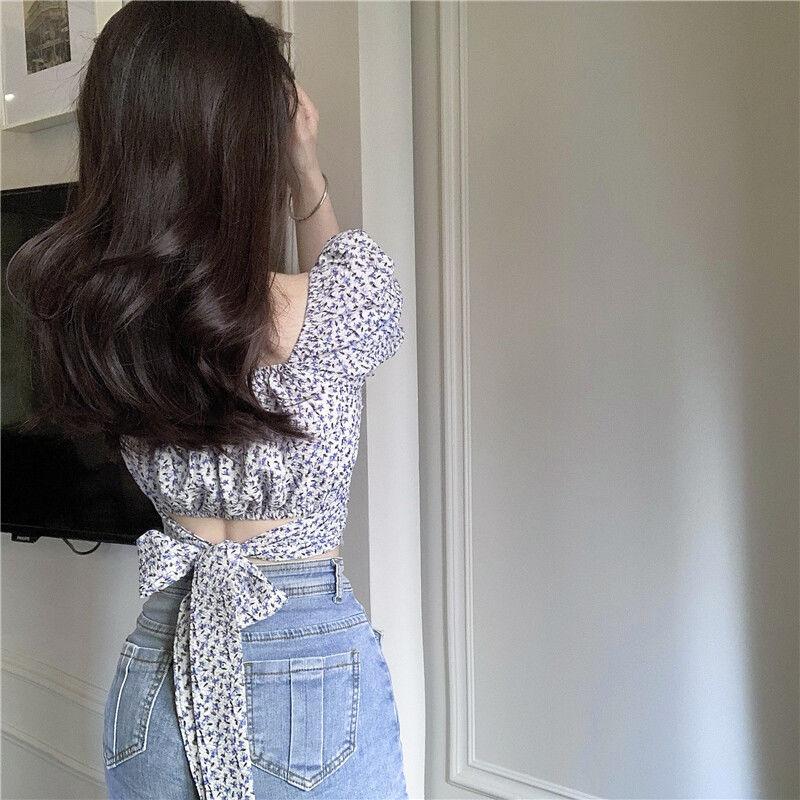 Trend Women Floral Sexy Crop Top Short Puff Sleeves V Collar Pullover Vintage Style T-shirts Summer Fitting Tees
