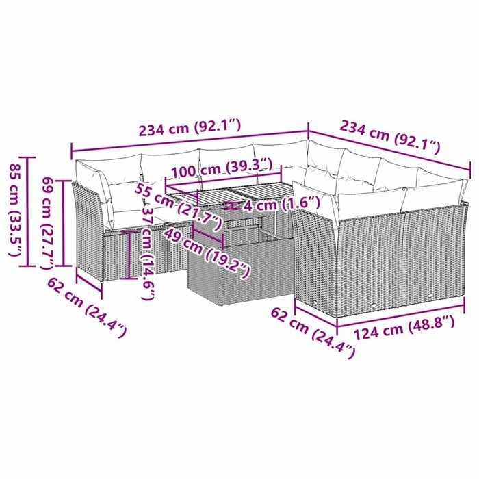 VidaXL Salon de jardin 9 pcs avec coussins gris résine tressée, ensemble de canapés d'extérieur, ensemble de canapé d'angle 3326910