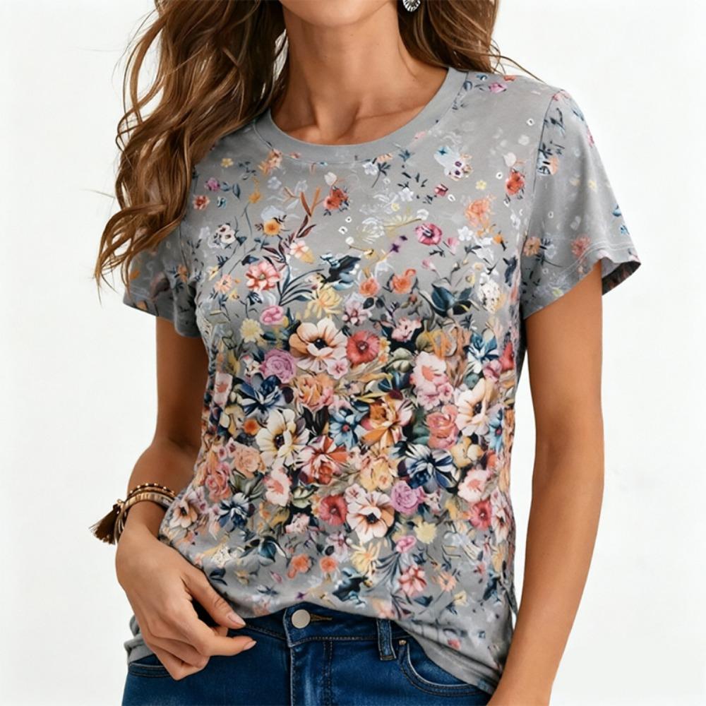 Plus-Size Women s T-Shirt, Vintage Floral Print Round-Neck Short-Sleeve Top, Stylish, Simple, and Versatile. M